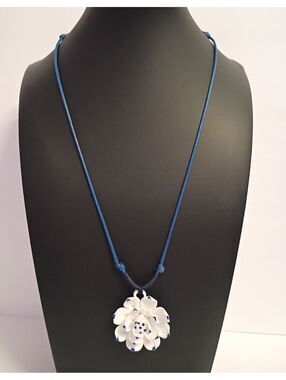 Dainty Little Necklace of a White Flower Pendant on a Blue Adjustable Cord
